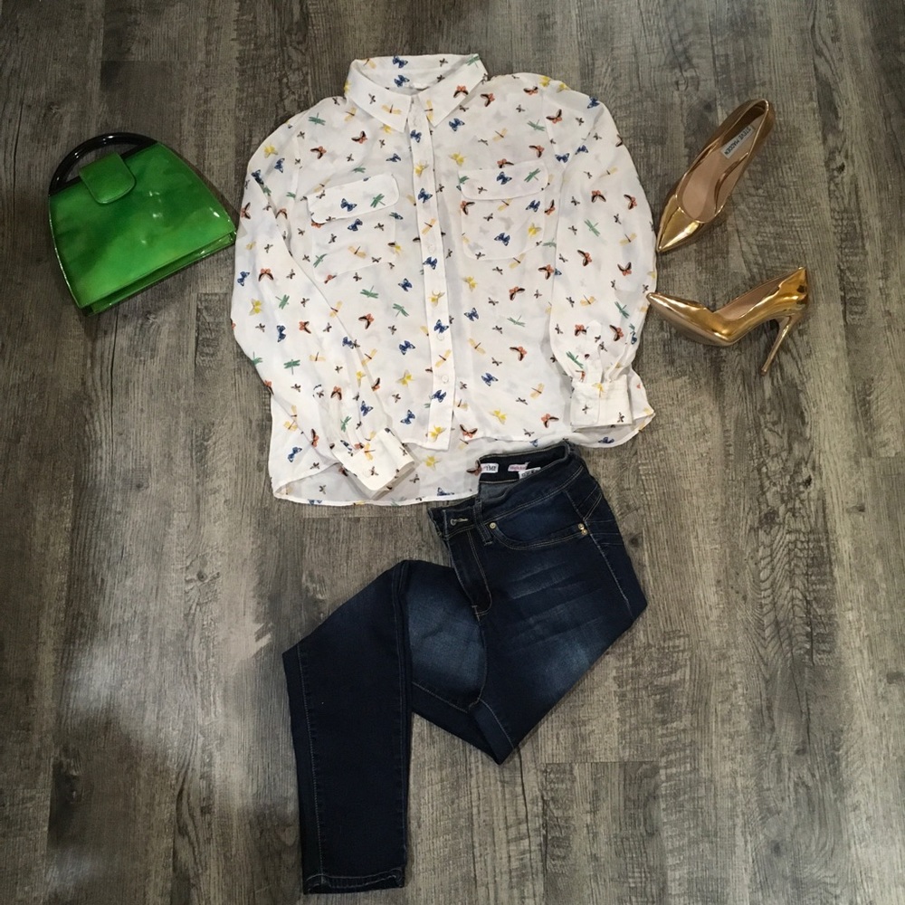 Silk butterfly pattern button down.